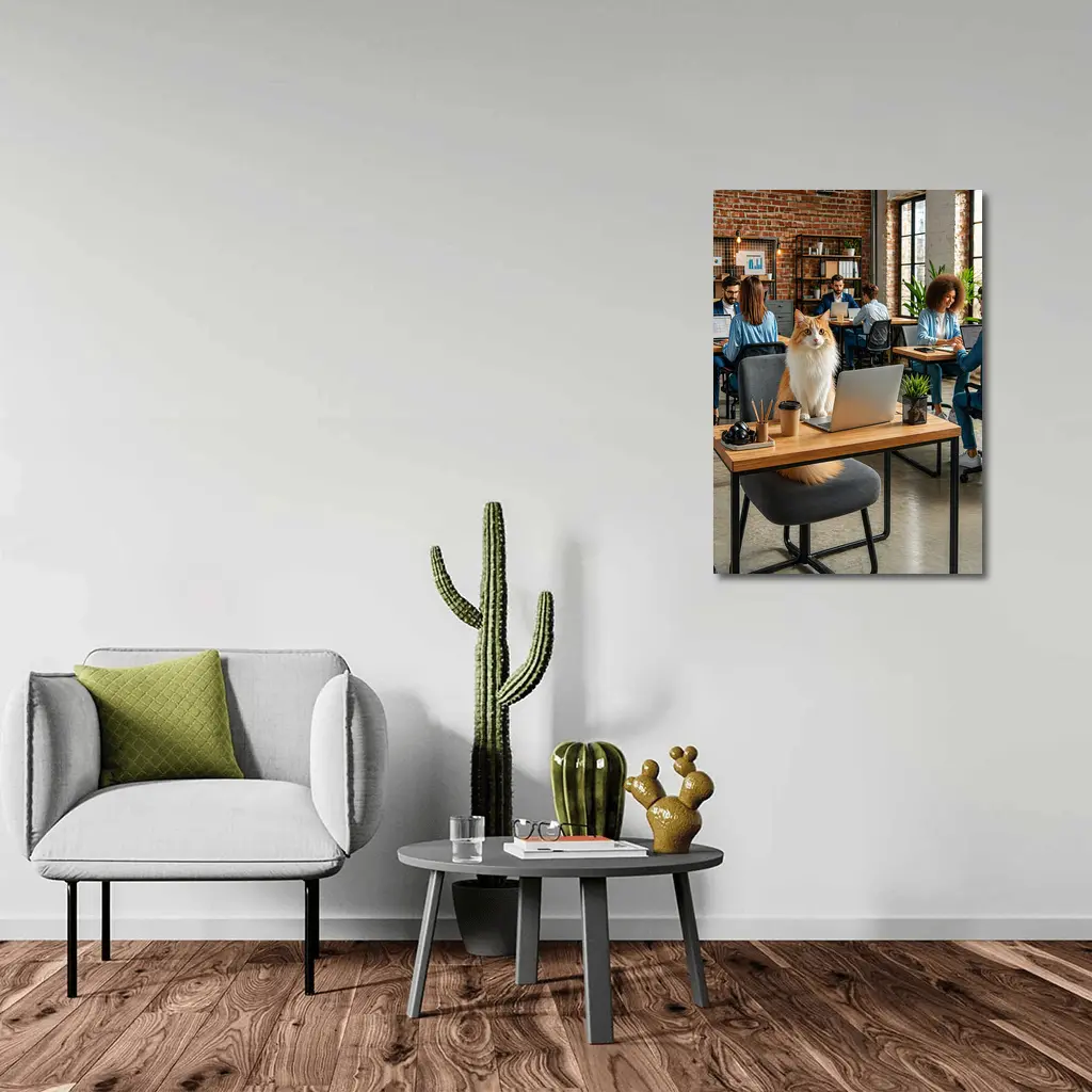 Fluffy Cat Sitting at Office Desk – Wall Art