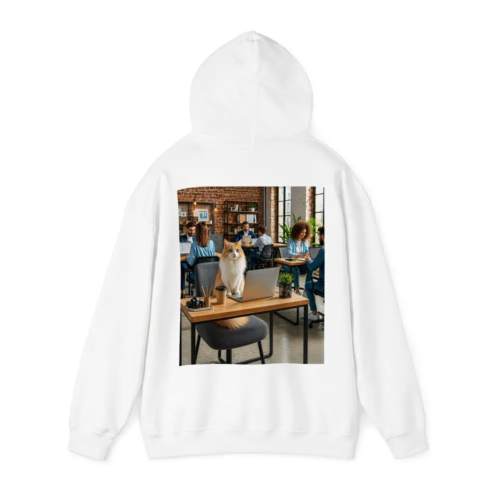 Fluffy Cat Sitting at Office Desk – Hoodies