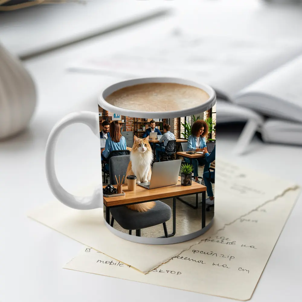 Fluffy Cat Sitting at Office Desk – Mugs
