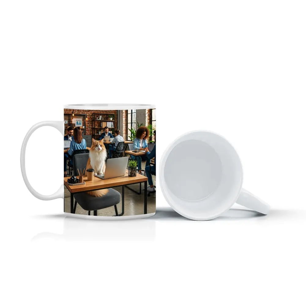 Fluffy Cat Sitting at Office Desk – Mugs