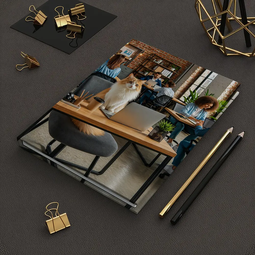 Fluffy Cat Sitting at Office Desk – Notebooks