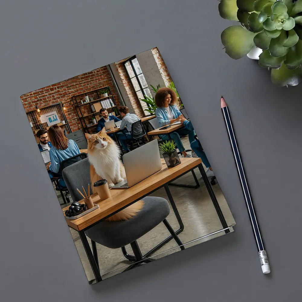 Fluffy Cat Sitting at Office Desk – Notebooks