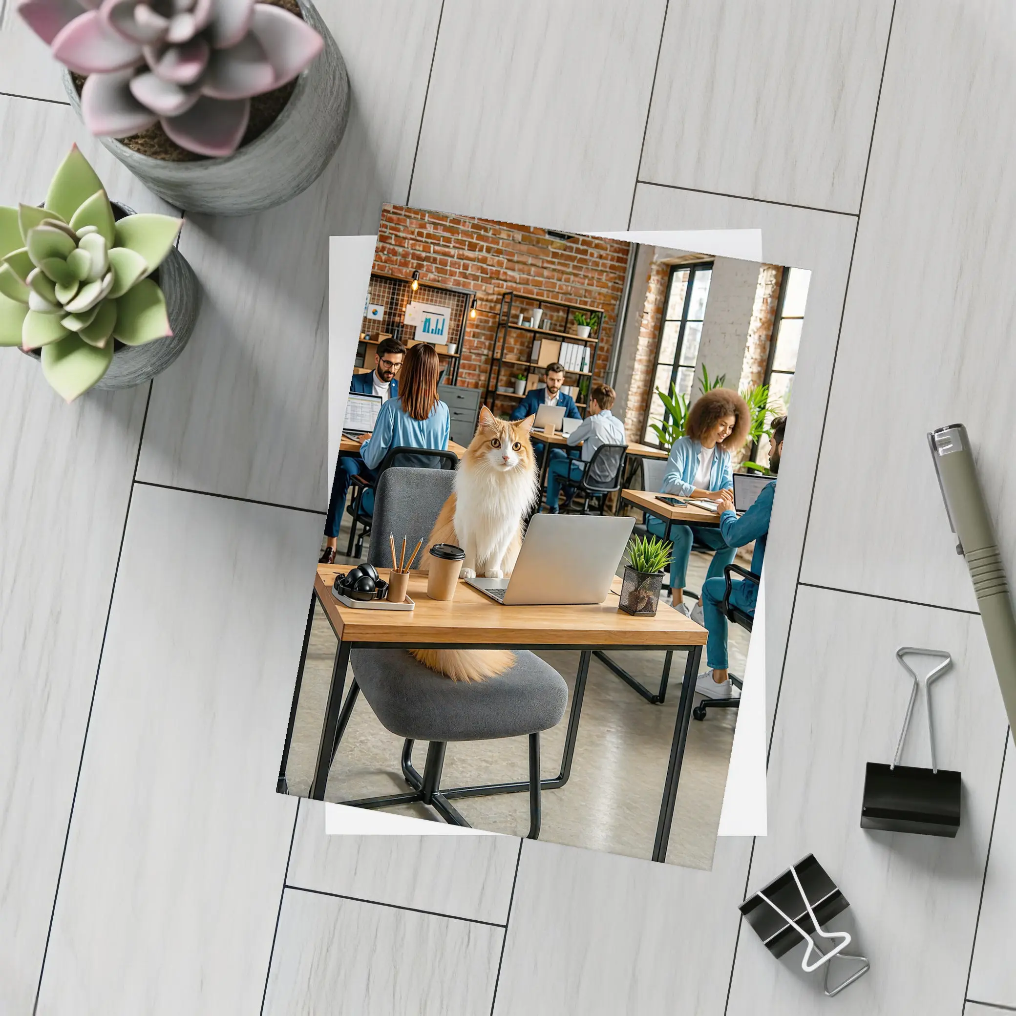 Fluffy Cat Sitting at Office Desk – Postcards