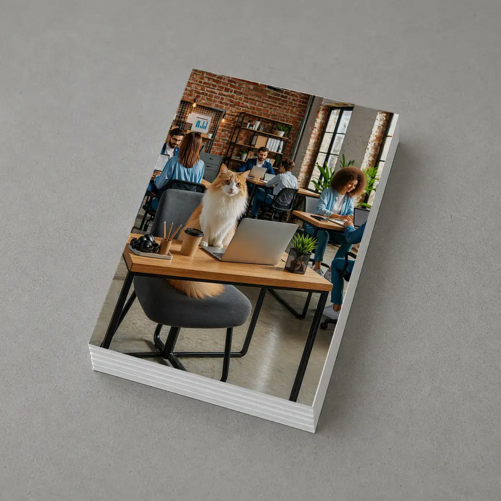 Fluffy Cat Sitting at Office Desk – Postcards