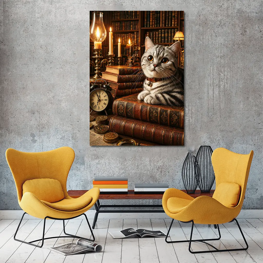 American Shorthair Cat Vintage Library Candlelight – Wall Art