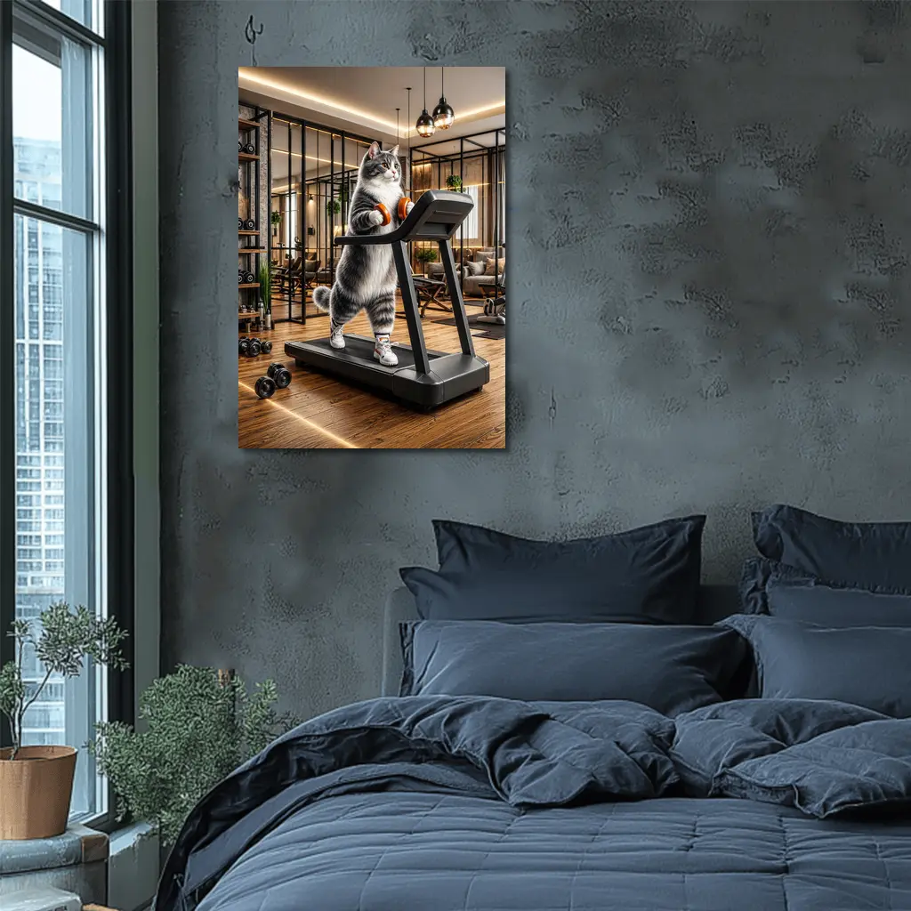 Gray Cat on Treadmill in Gym – Wall Art