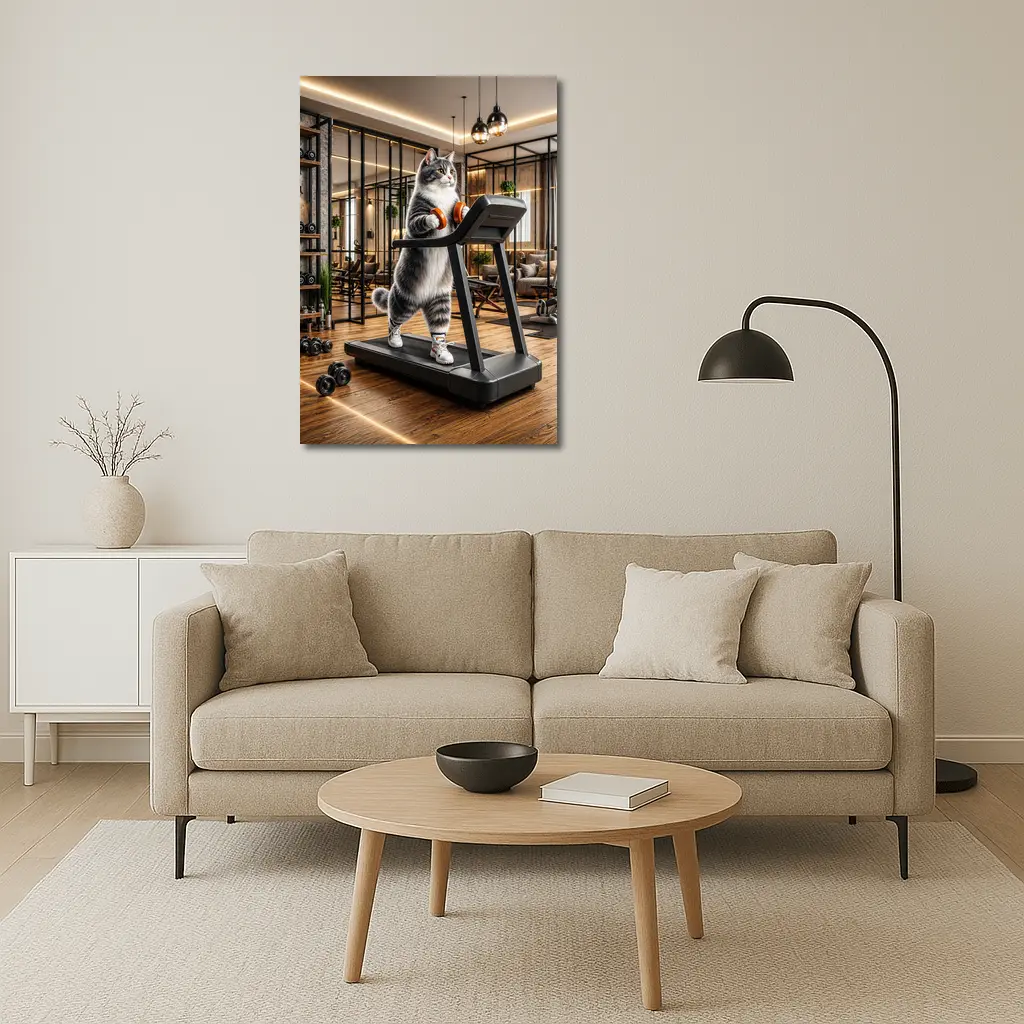 Gray Cat on Treadmill in Gym – Wall Art