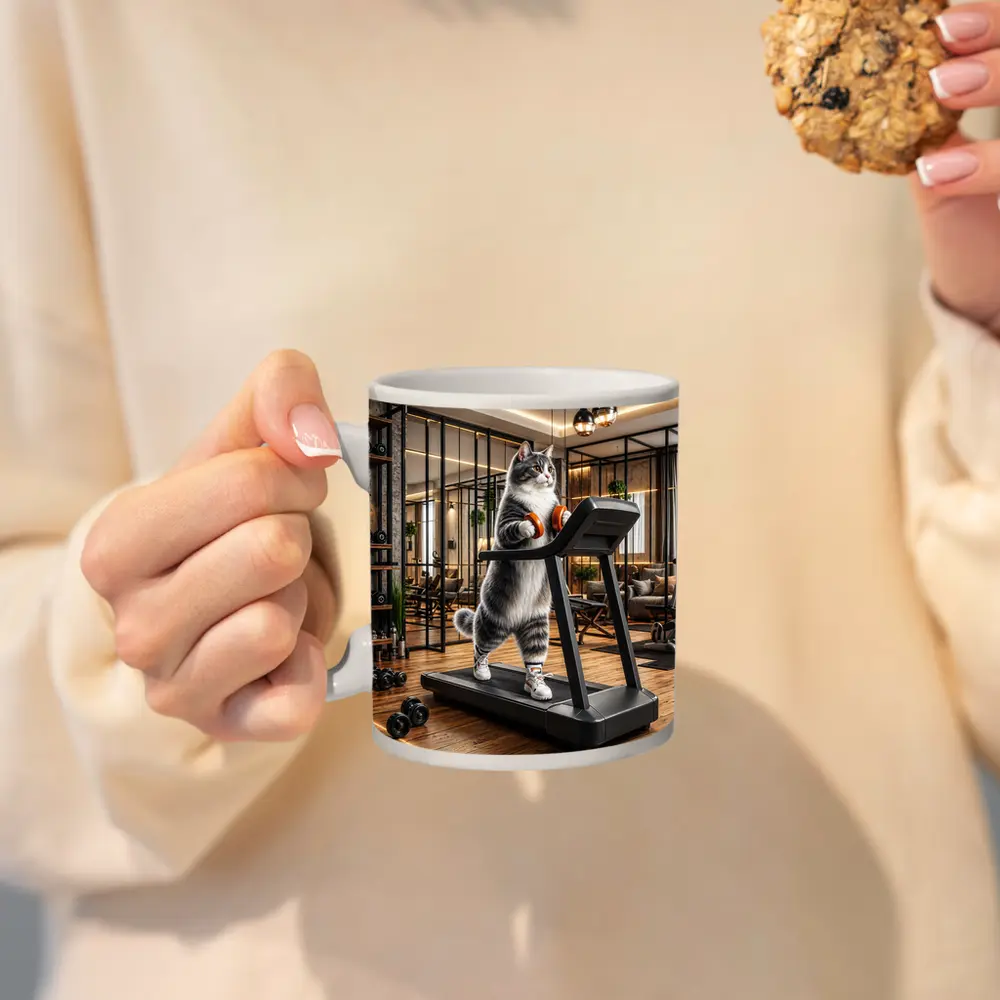 Gray Cat on Treadmill in Gym – Mugs