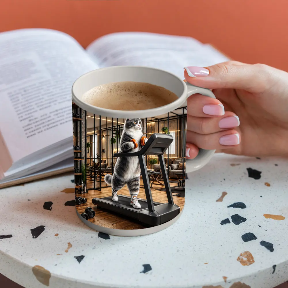 Gray Cat on Treadmill in Gym – Mugs