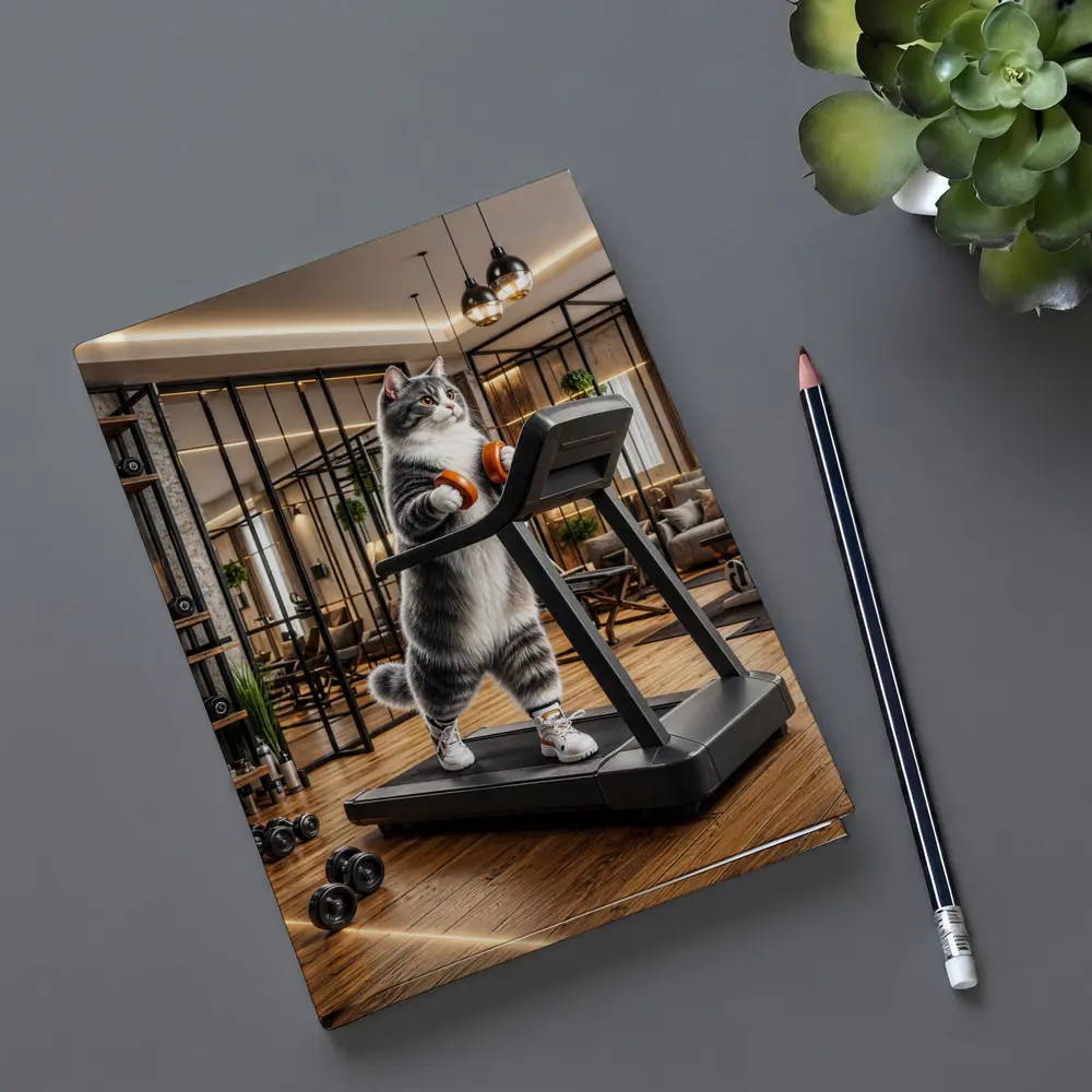 Gray Cat on Treadmill in Gym – Notebooks