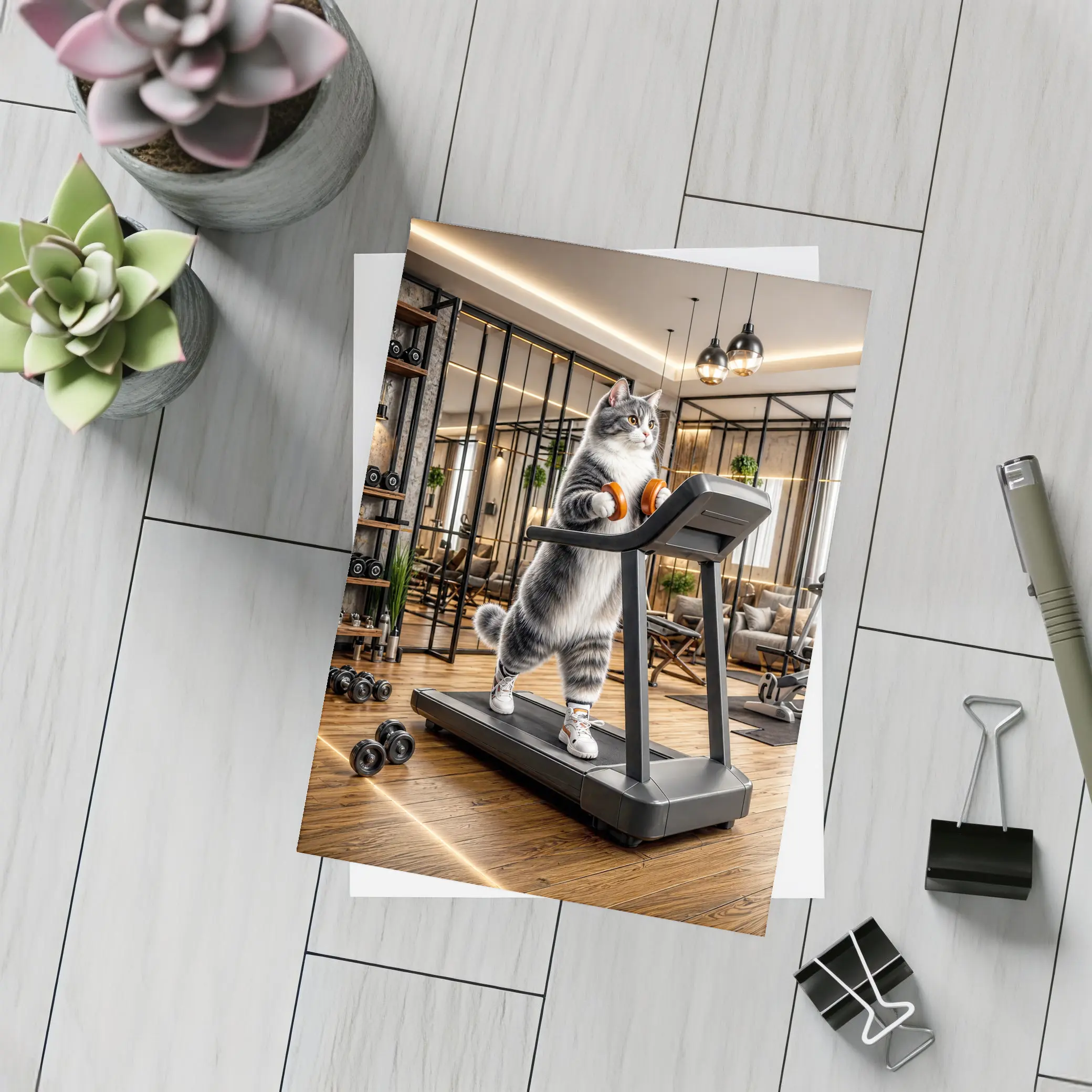 Gray Cat on Treadmill in Gym – Postcards