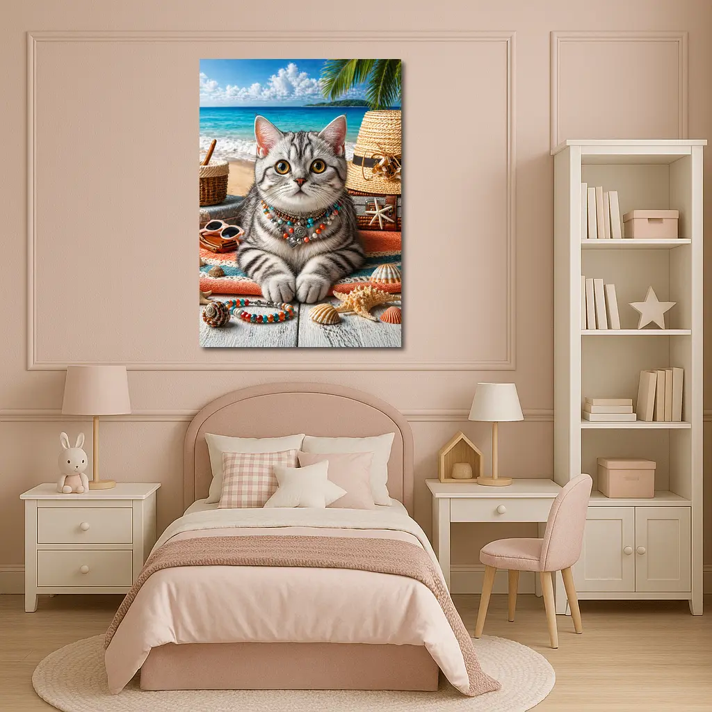American Shorthair Cat Beach Summer Scene – Wall Art