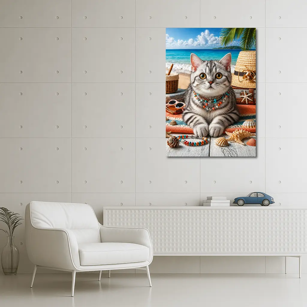 American Shorthair Cat Beach Summer Scene – Wall Art