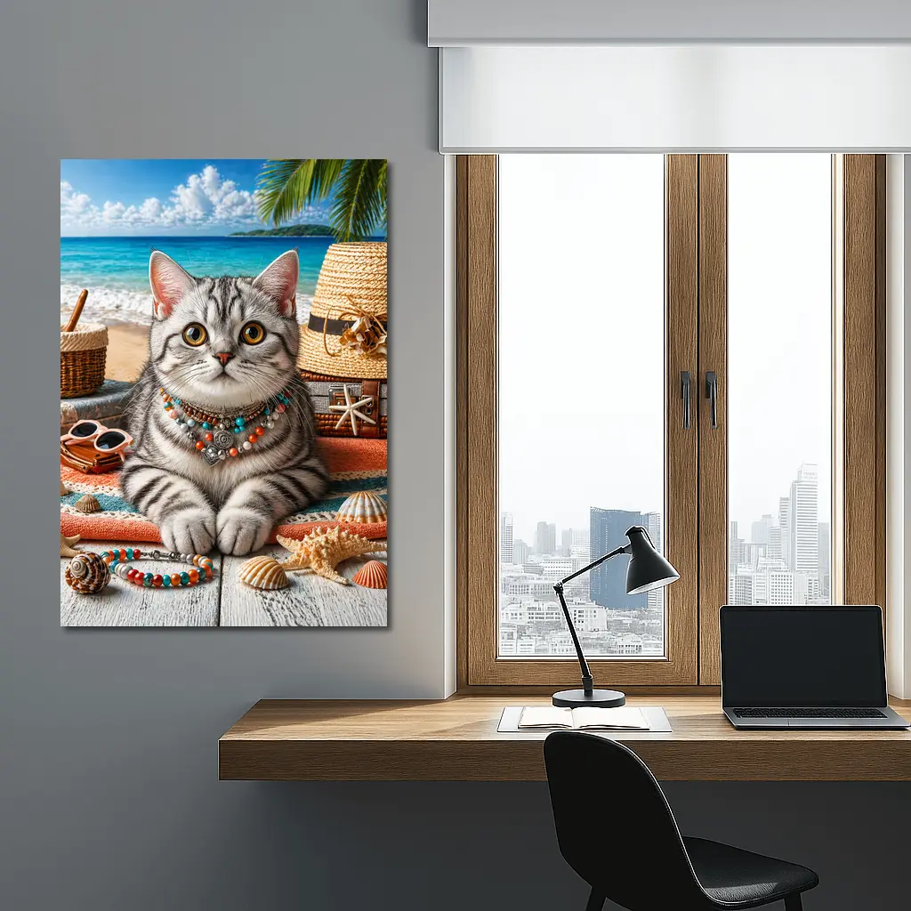 American Shorthair Cat Beach Summer Scene – Wall Art