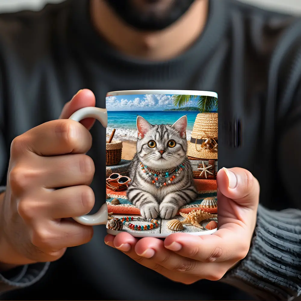 American Shorthair Cat Beach Summer Scene – Mugs
