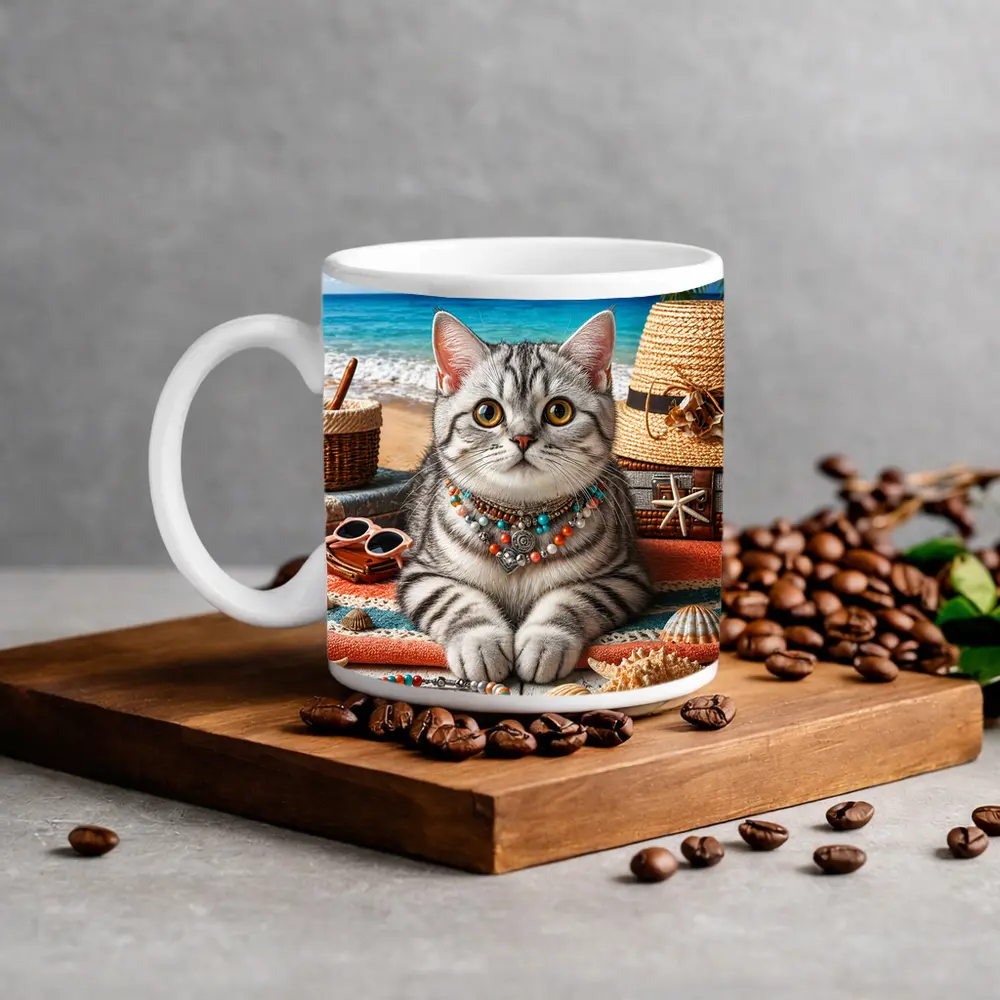 American Shorthair Cat Beach Summer Scene – Mugs