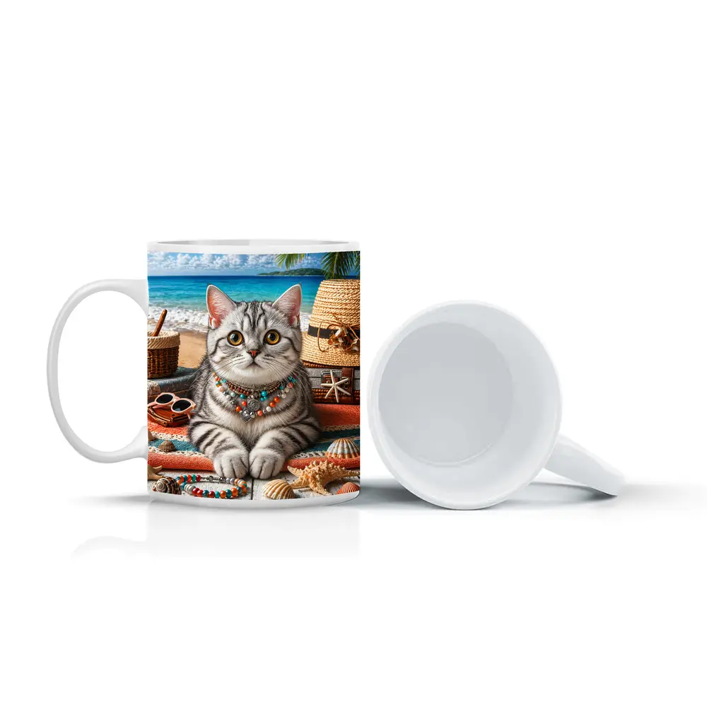 American Shorthair Cat Beach Summer Scene – Mugs
