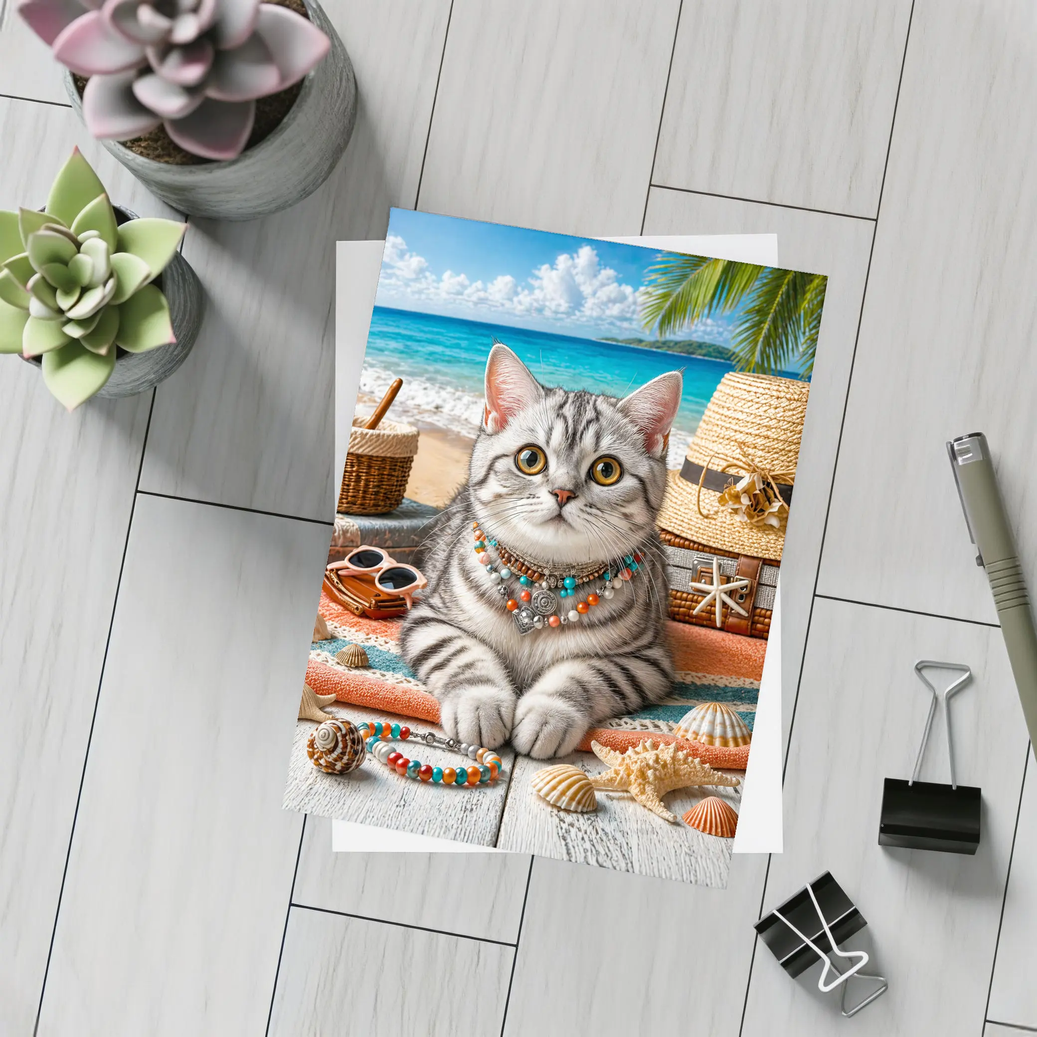 American Shorthair Cat Beach Summer Scene – Postcards