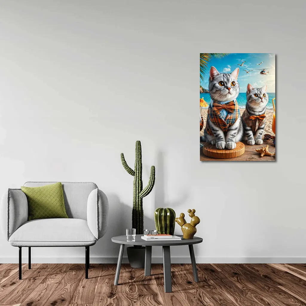 American Shorthair Cats Dressed Beach Scene – Wall Art