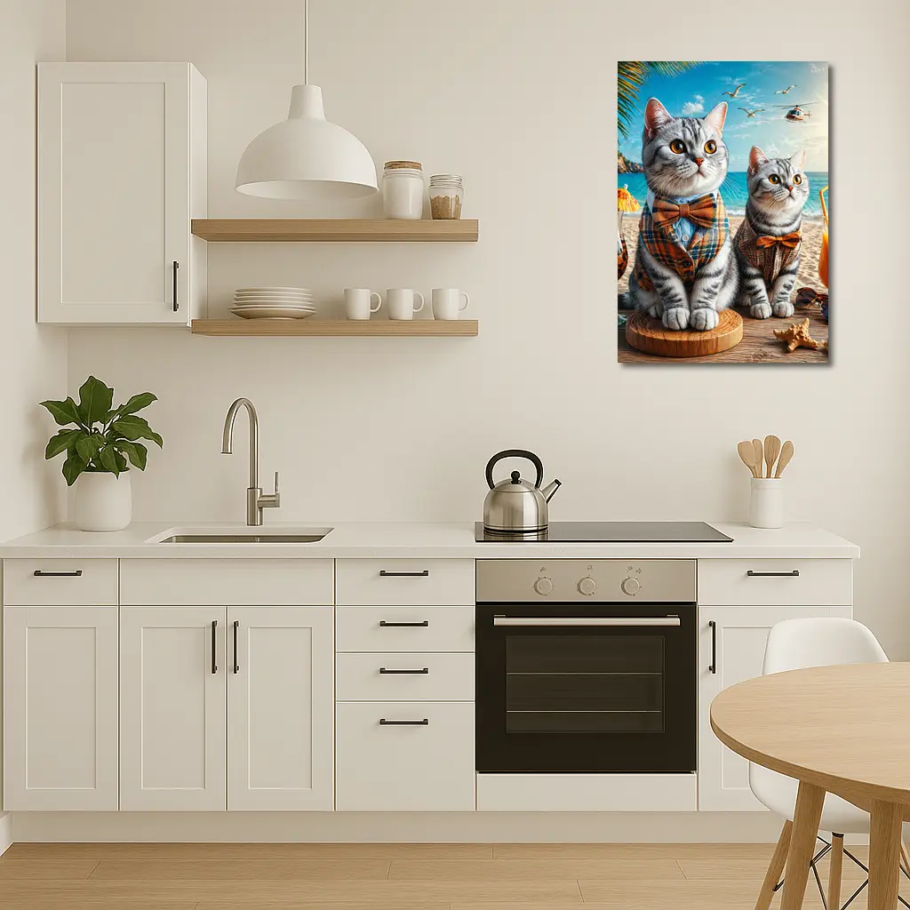 American Shorthair Cats Dressed Beach Scene – Wall Art