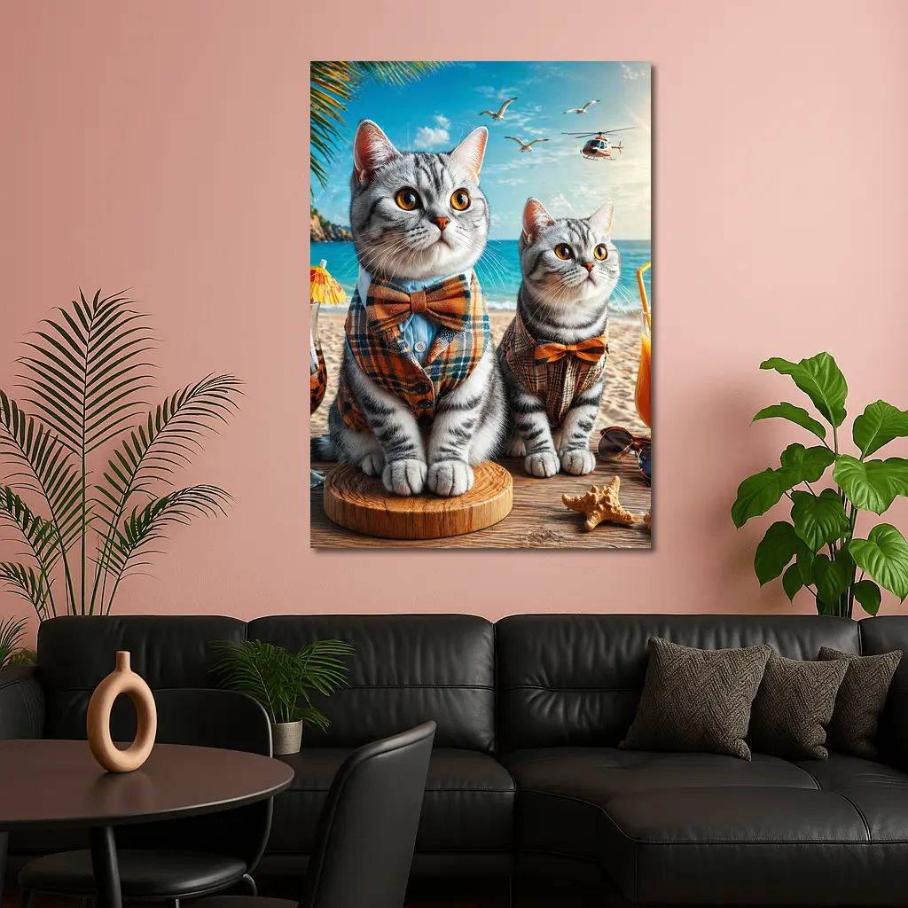 American Shorthair Cats Dressed Beach Scene – Wall Art
