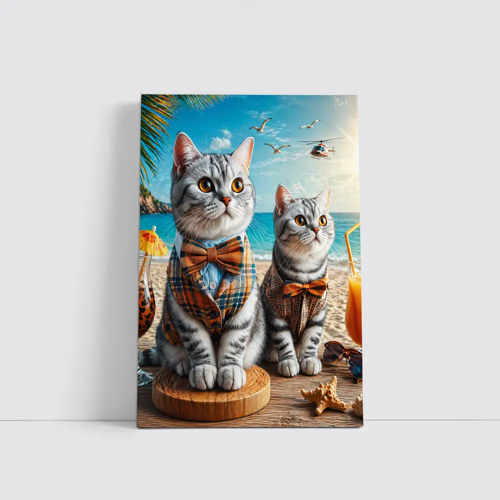 American Shorthair Cats Dressed Beach Scene – Wall Art