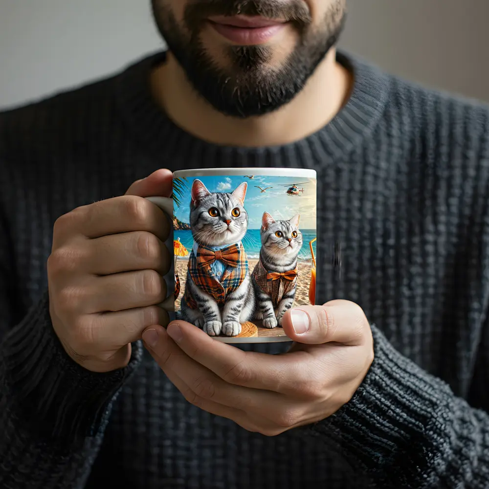 American Shorthair Cats Dressed Beach Scene – Mugs