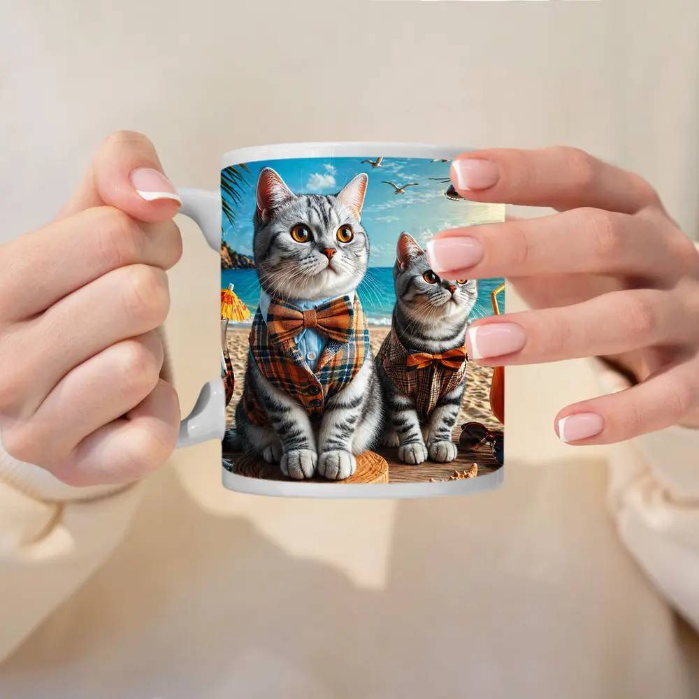 American Shorthair Cats Dressed Beach Scene – Mugs