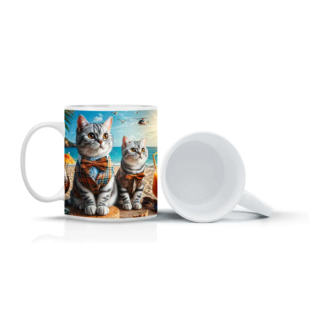 American Shorthair Cats Dressed Beach Scene – Mugs