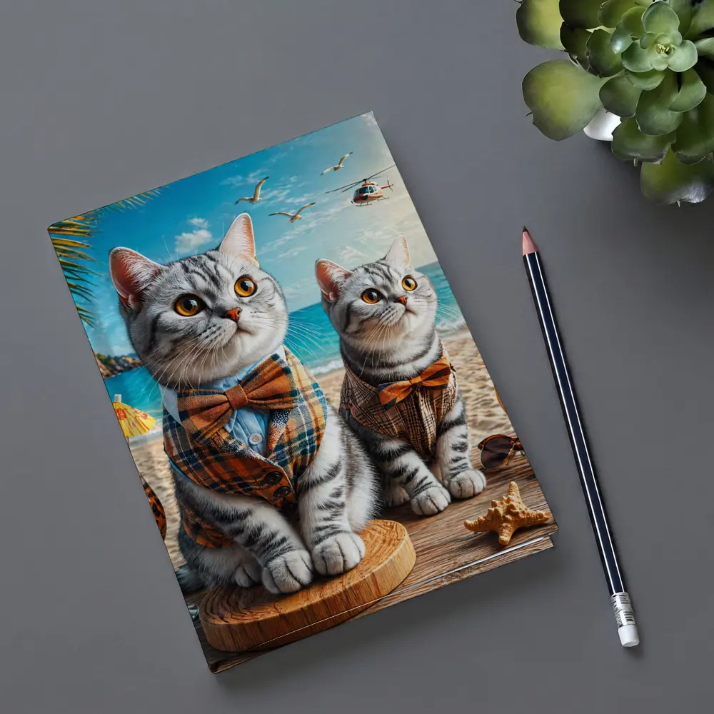 American Shorthair Cats Dressed Beach Scene – Notebooks