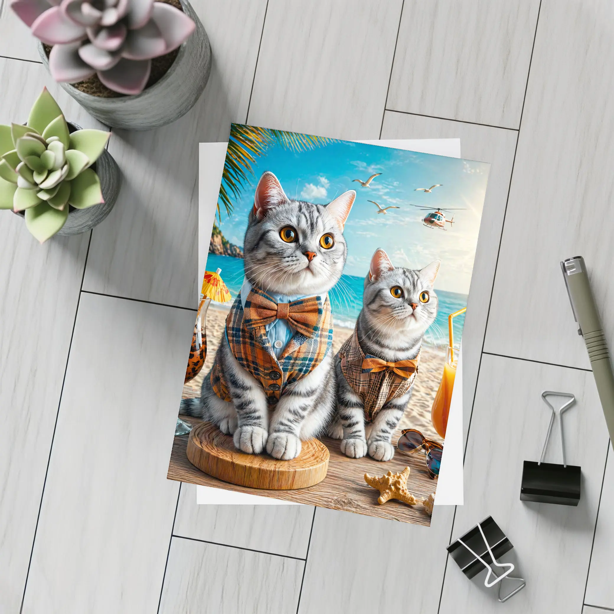 American Shorthair Cats Dressed Beach Scene – Postcards