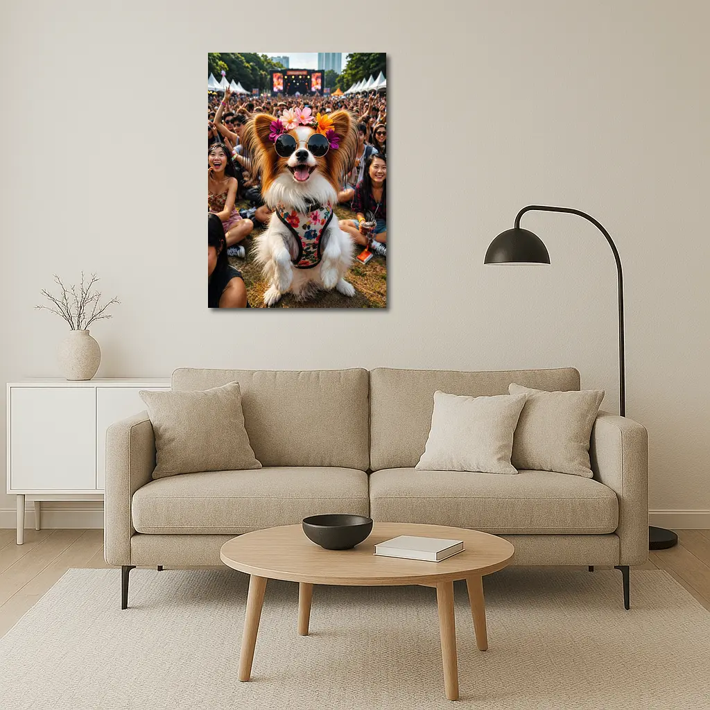 Papillon Dog Sunglasses Flowers Music Festival Crowd – Wall Art