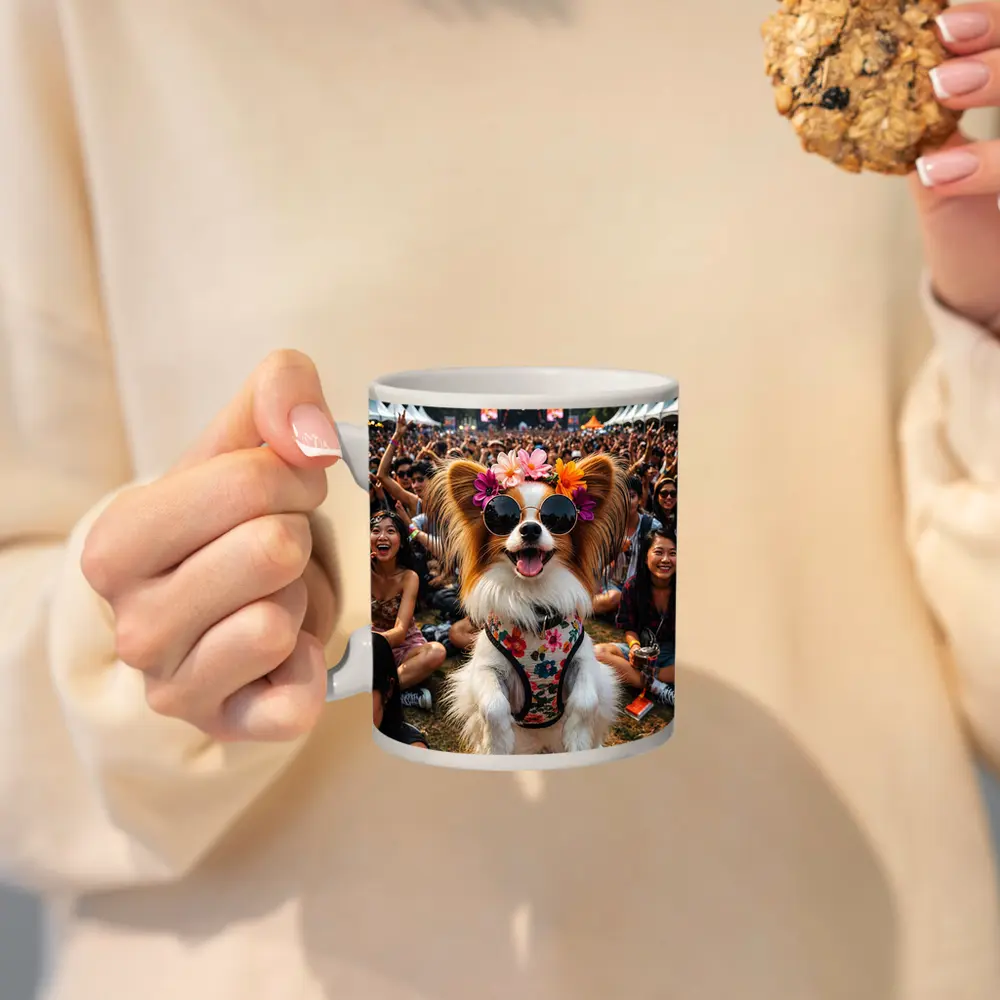 Papillon Dog Sunglasses Flowers Music Festival Crowd – Mugs