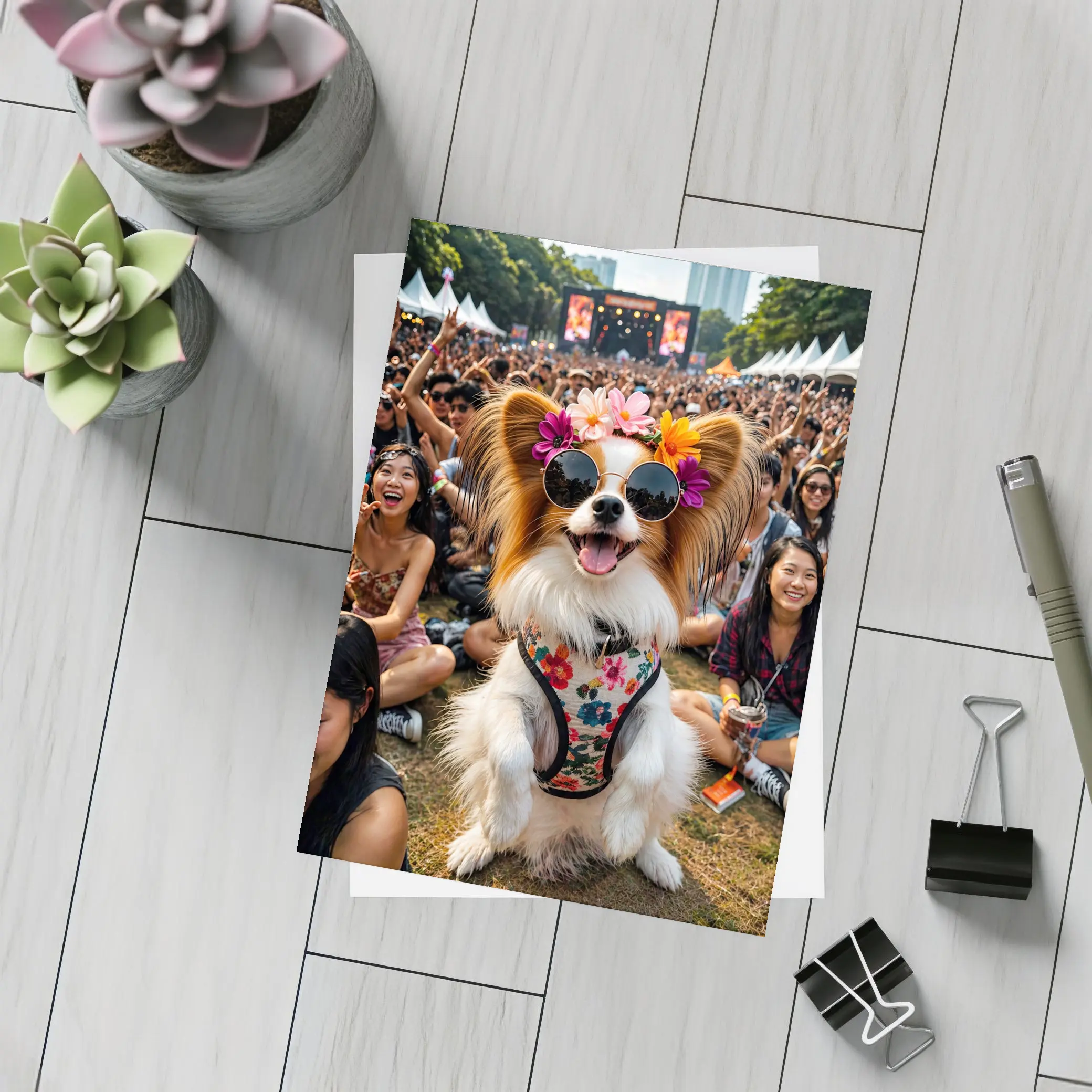 Papillon Dog Sunglasses Flowers Music Festival Crowd – Postcards