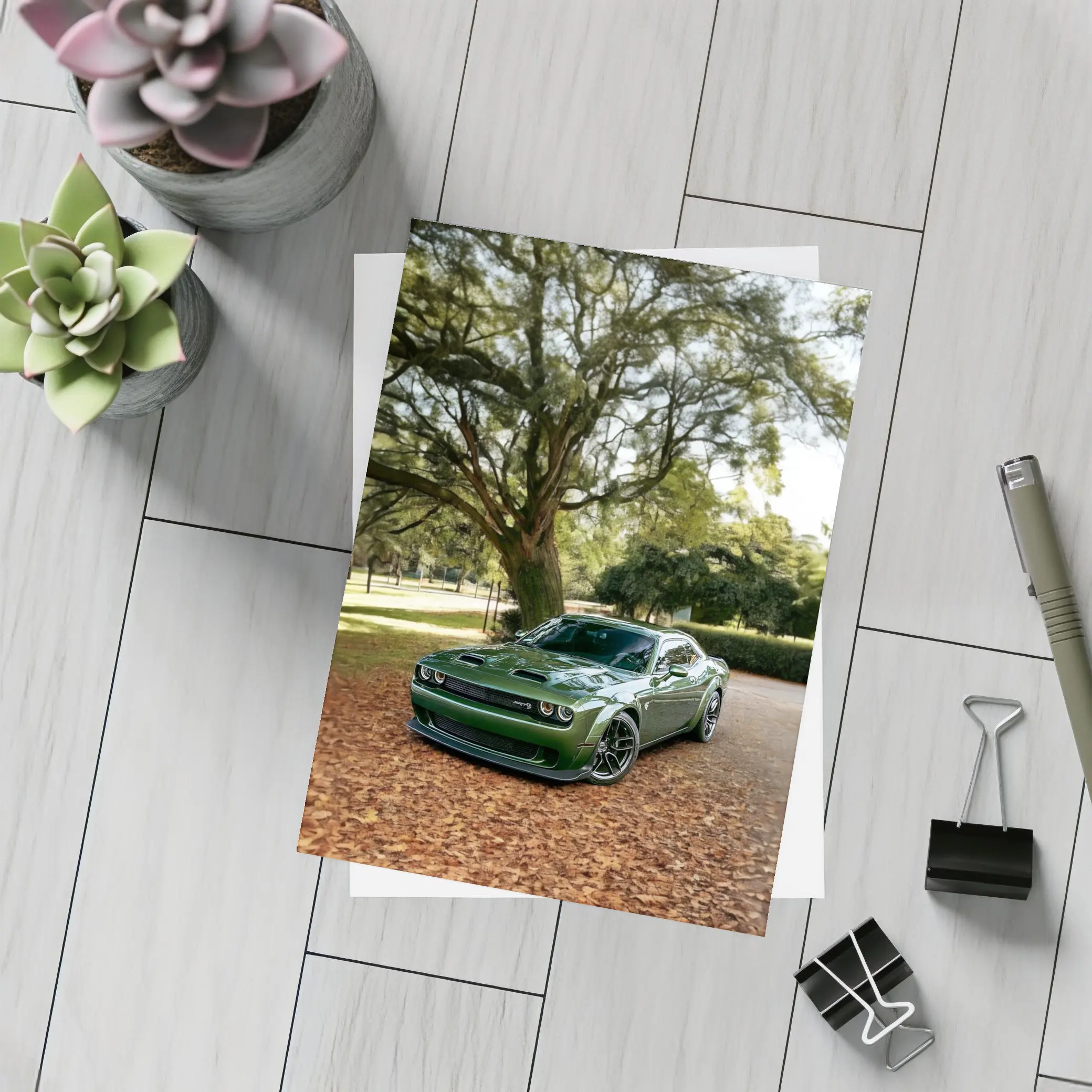 Dodge Challenger Green Muscle Car Autumn Park – Postcards