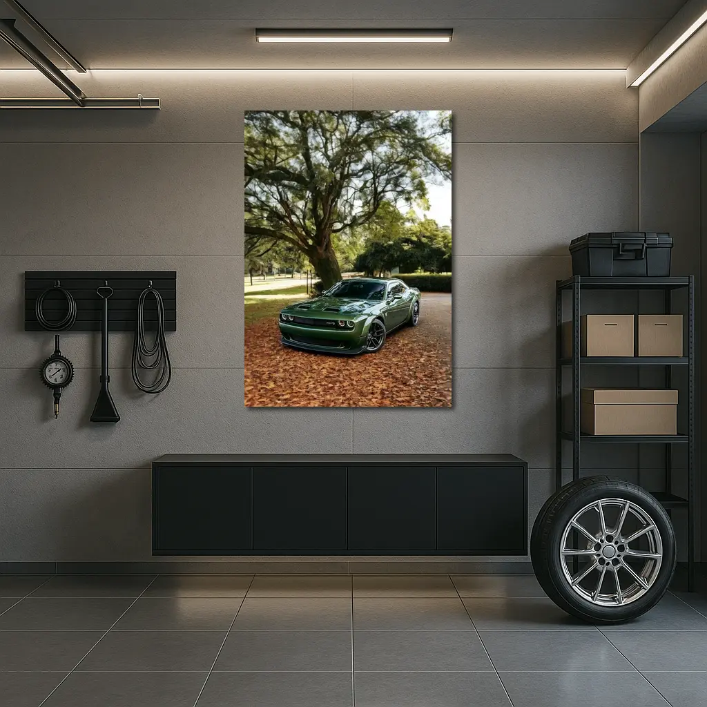 Dodge Challenger Green Muscle Car Autumn Park – Wall Art