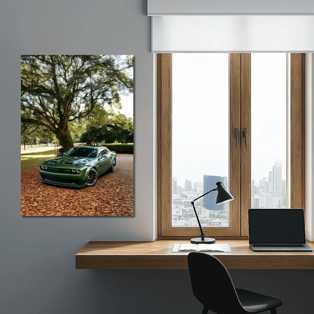 Dodge Challenger Green Muscle Car Autumn Park – Wall Art