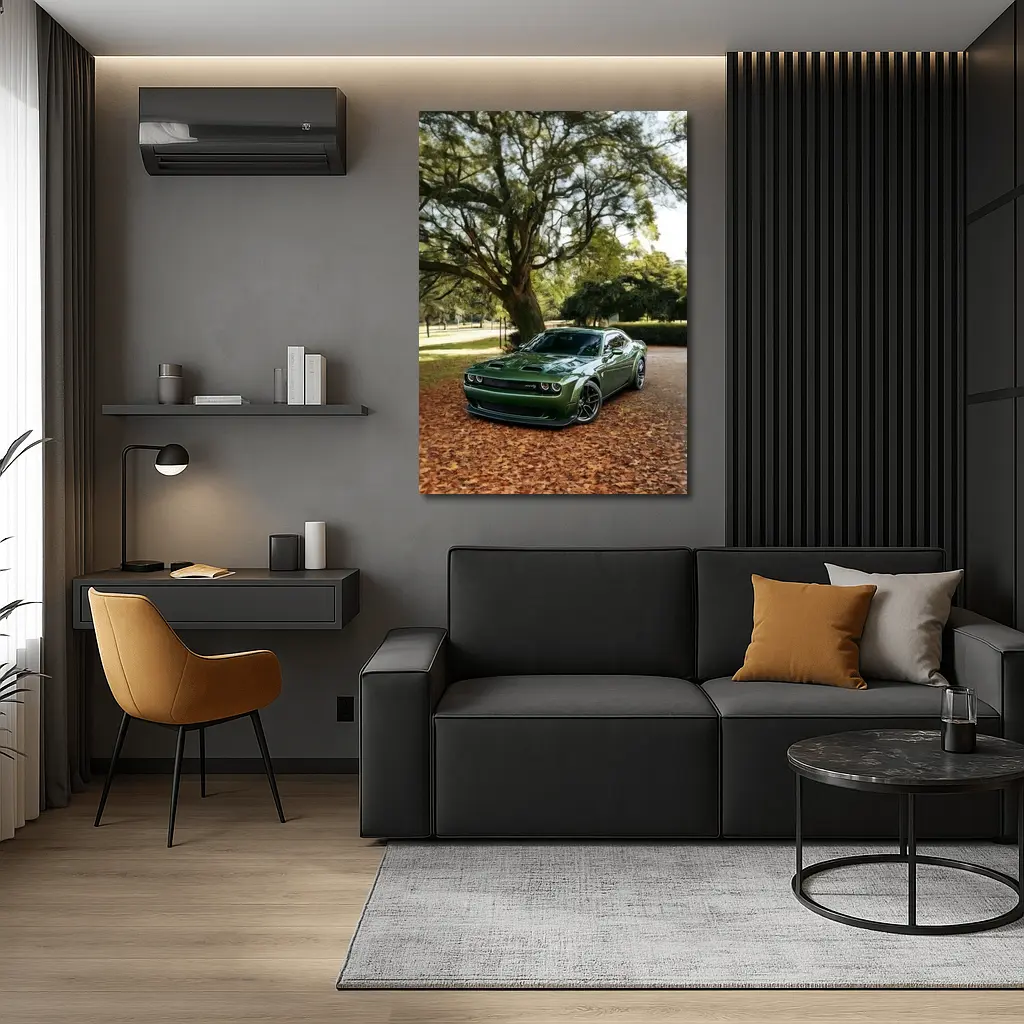 Dodge Challenger Green Muscle Car Autumn Park – Wall Art