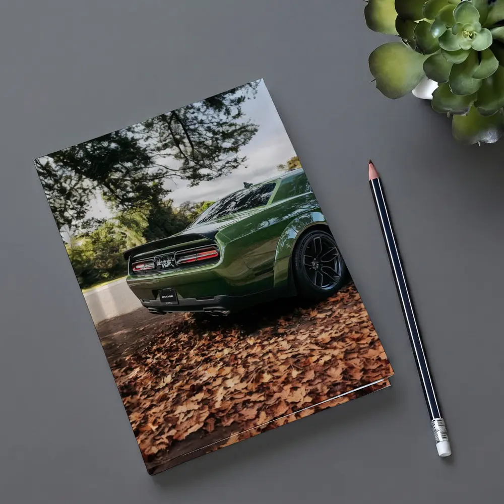 Dodge Challenger Green Muscle Car Autumn Leaves – Notebooks