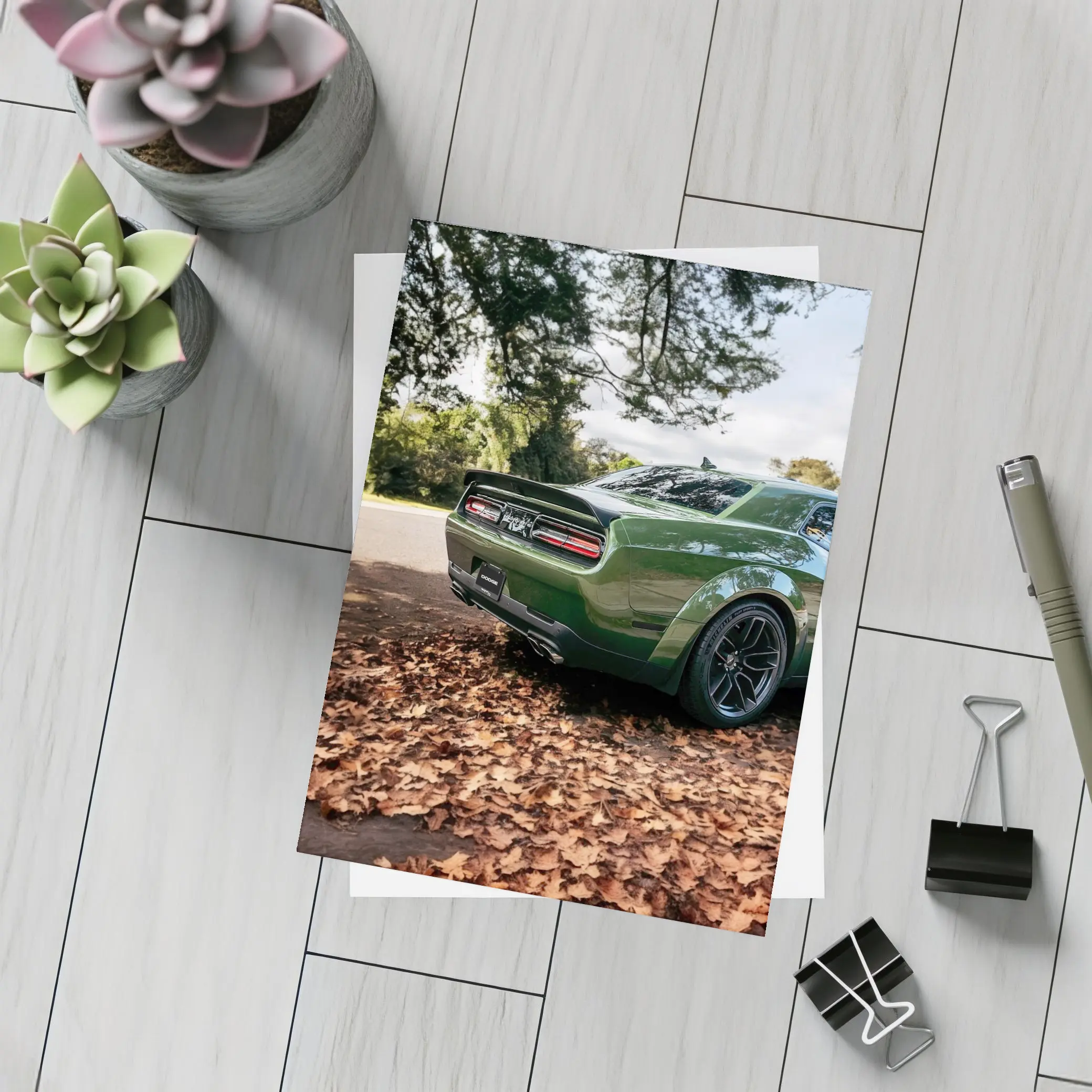 Dodge Challenger Green Muscle Car Autumn Leaves – Postcards