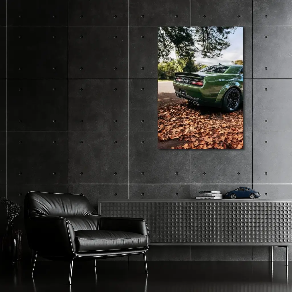 Dodge Challenger Green Muscle Car Autumn Leaves – Wall Art