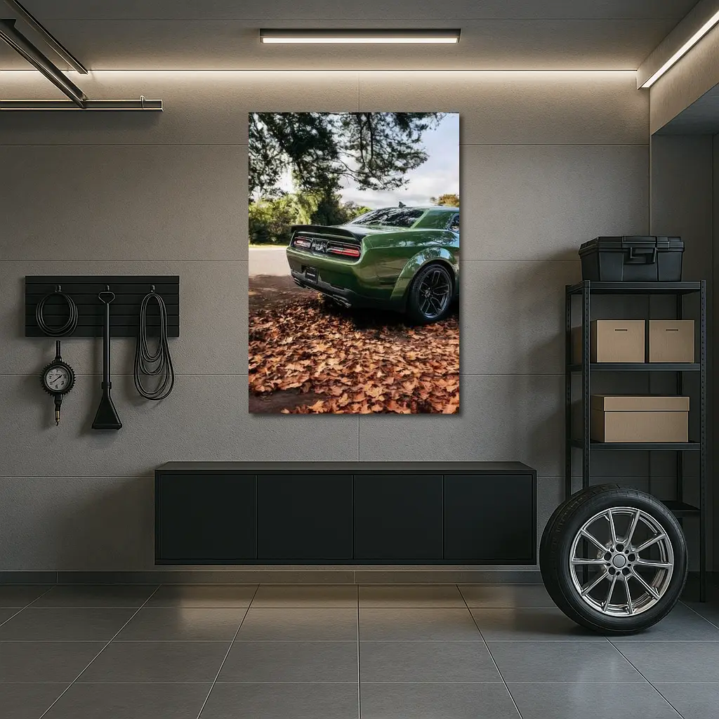 Dodge Challenger Green Muscle Car Autumn Leaves – Wall Art