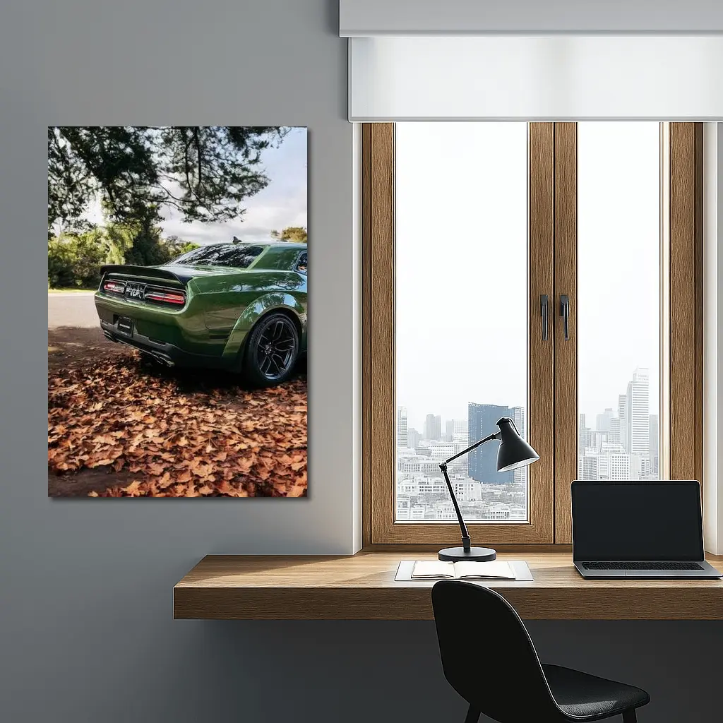 Dodge Challenger Green Muscle Car Autumn Leaves – Wall Art