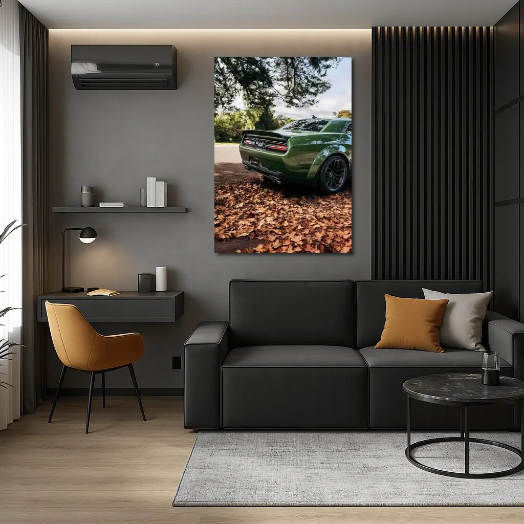 Dodge Challenger Green Muscle Car Autumn Leaves – Wall Art
