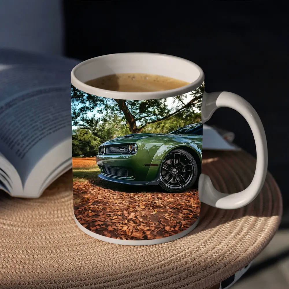 Dodge Challenger Green Muscle Car Autumn Leaves – Mugs