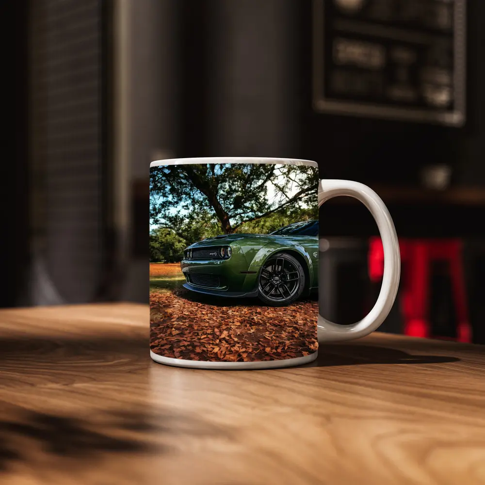 Dodge Challenger Green Muscle Car Autumn Leaves – Mugs