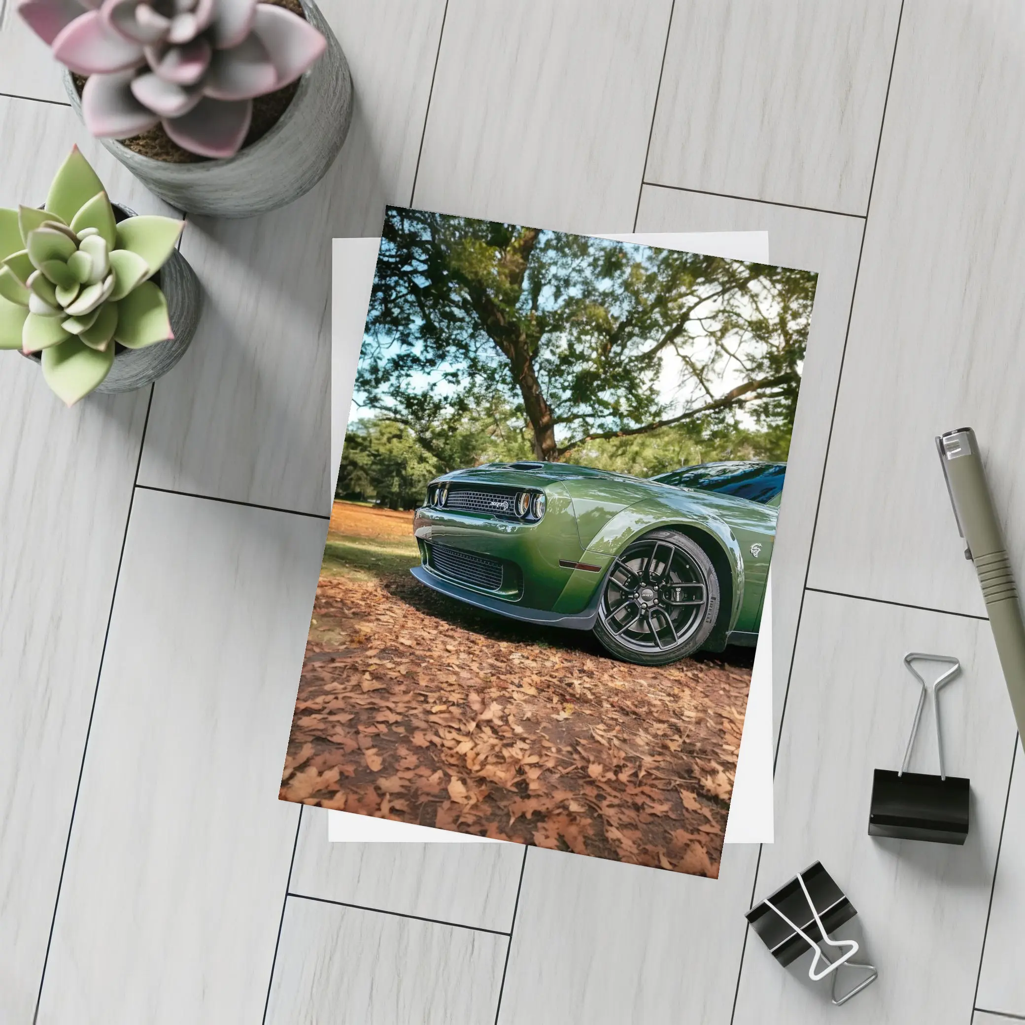 Dodge Challenger Green Muscle Car Autumn Leaves – Postcards