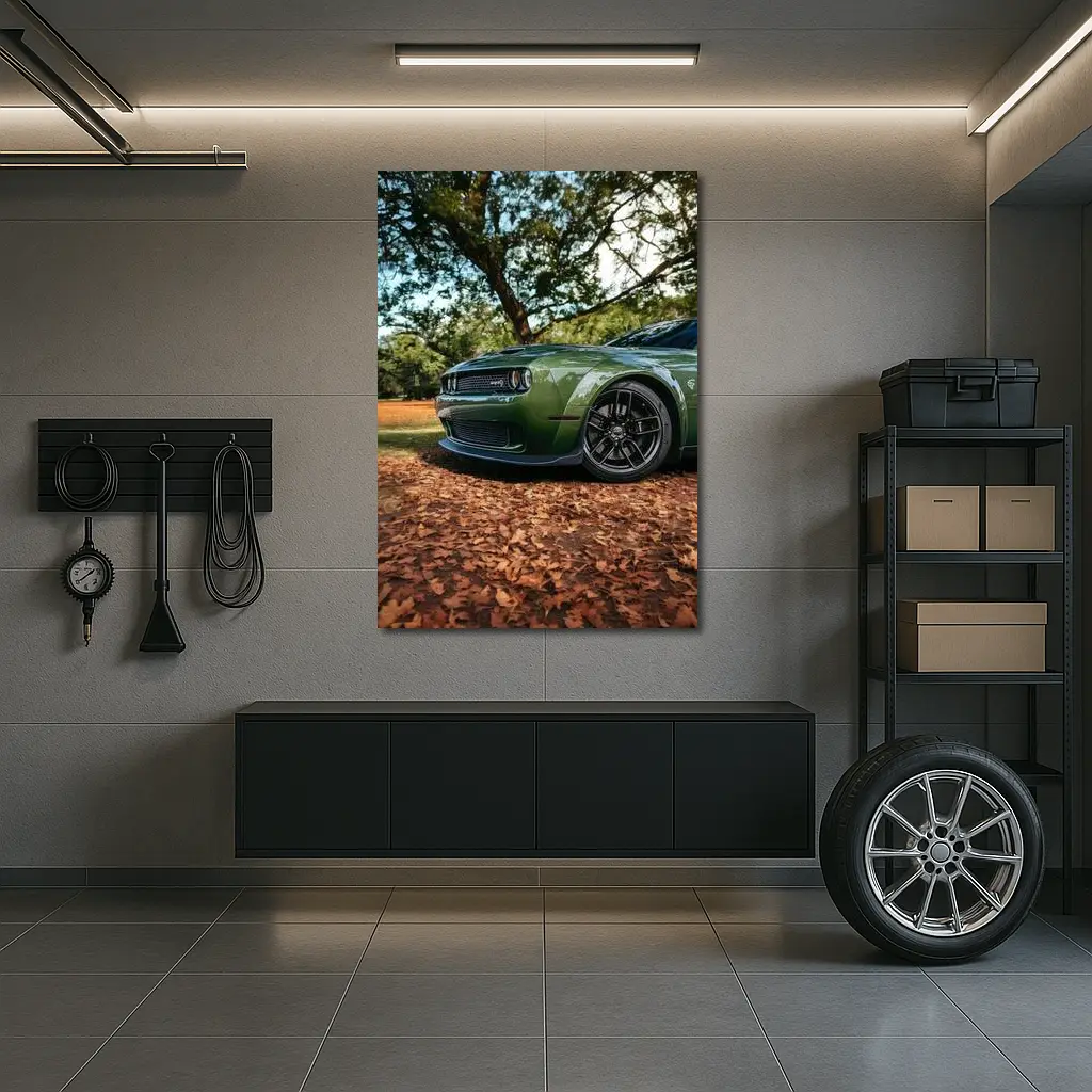 Dodge Challenger Green Muscle Car Autumn Leaves – Wall Art