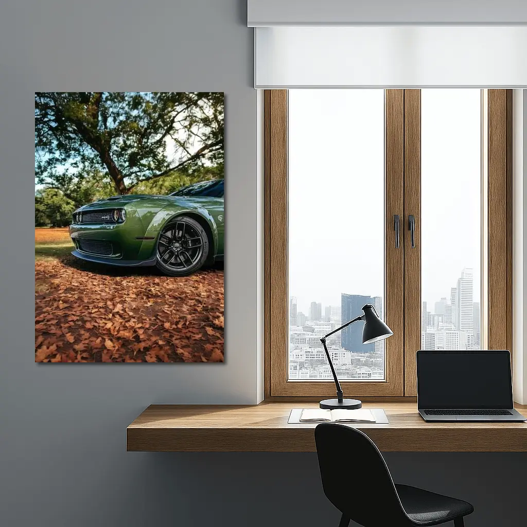 Dodge Challenger Green Muscle Car Autumn Leaves – Wall Art