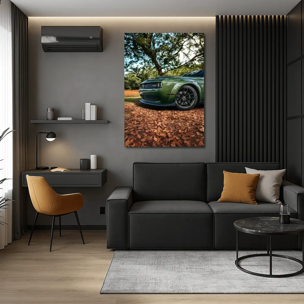 Dodge Challenger Green Muscle Car Autumn Leaves – Wall Art